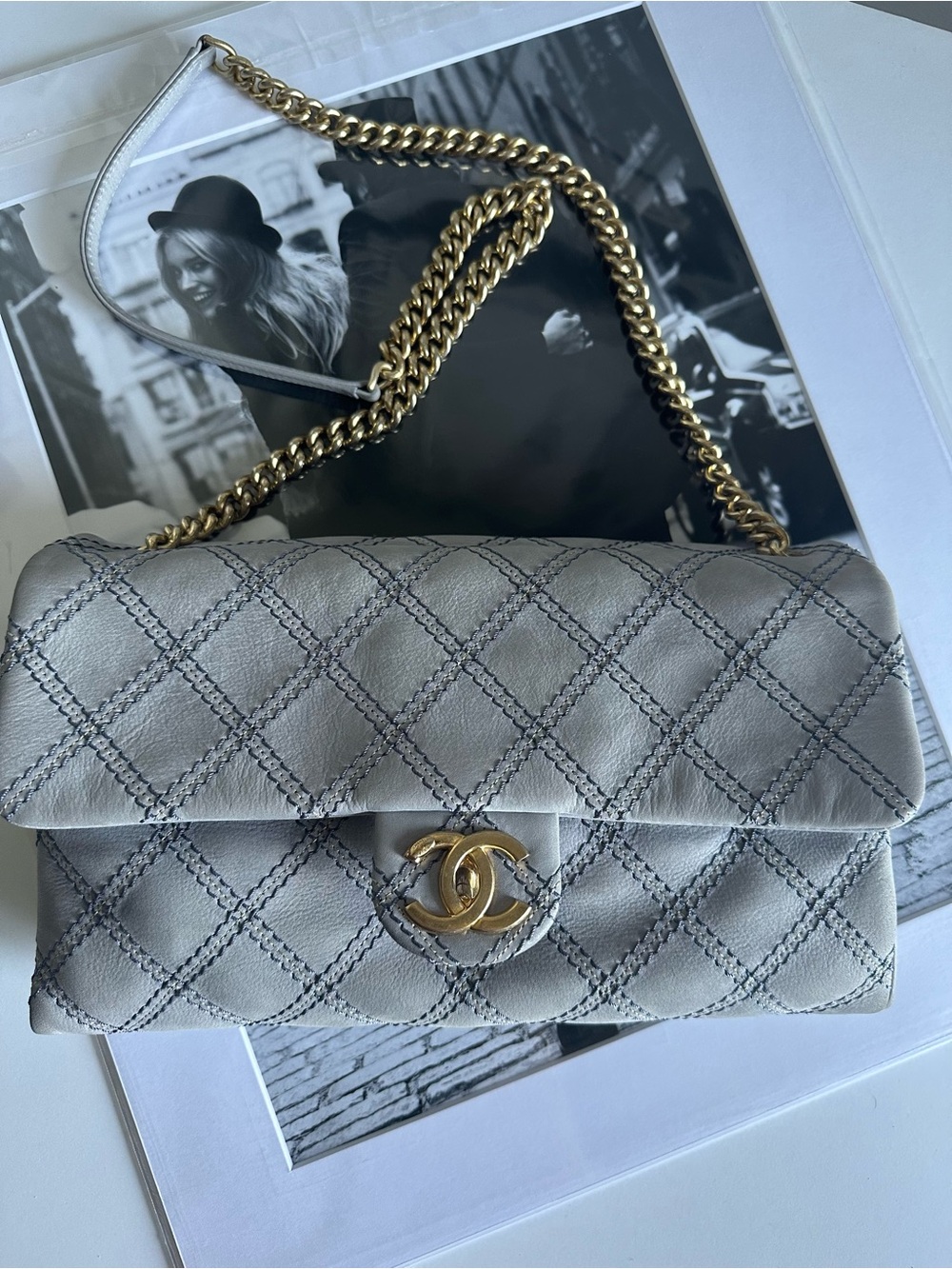 CHANEL Quilted Lambskin Shoulder Bag in Light Gray with Gold Hardware